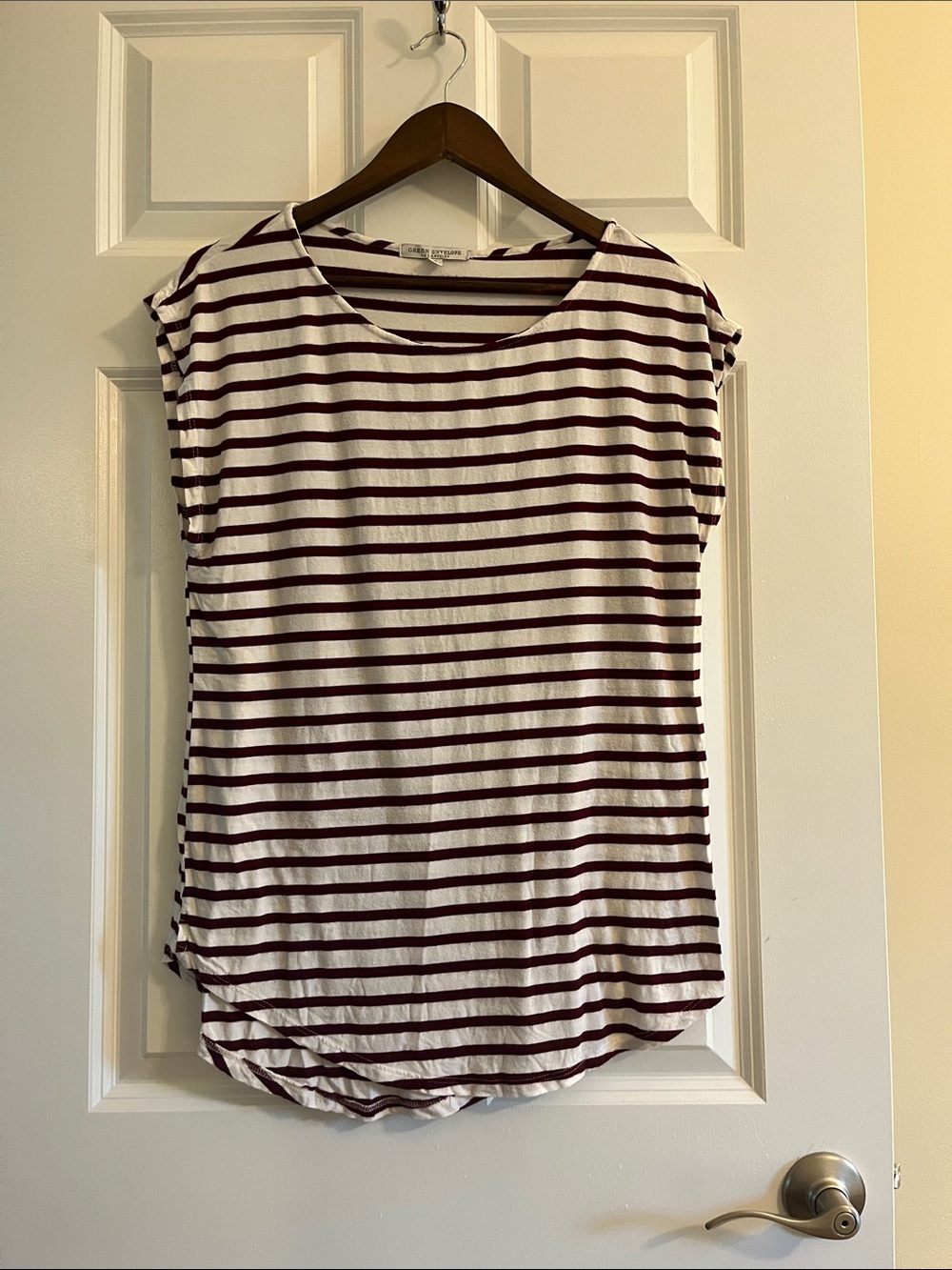 Green Envelope Burgundy and White Striped Short Sleeve Tee